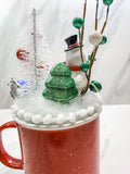 Holiday Snowman Mug Topper with Red Speckled Ceramic Mug