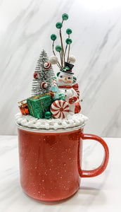 Snowman Topper on Red Ceramic Mug