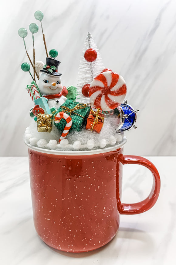Holiday Snowman Mug Topper with Red Speckled Ceramic Mug