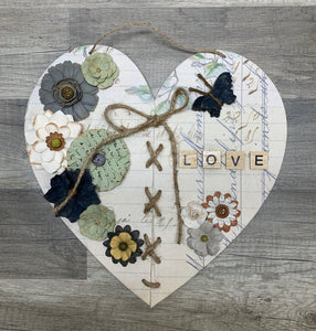 Wood Lace Up Heart with Paper Flowers